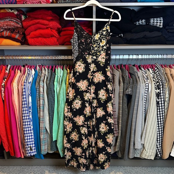 American Eagle black/pink floral patchwork print v neck back zipper jumpsuit S - Picture 1 of 3